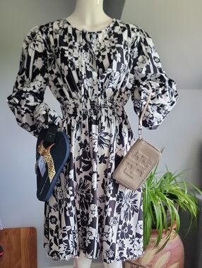 Black & White Floral Smocked-Waist Dress
